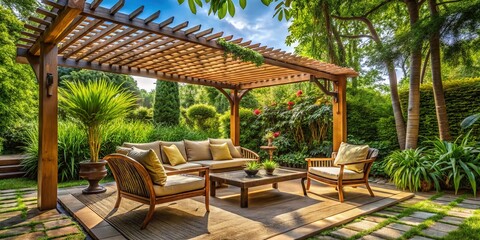 Relaxing Garden Pergola: Lush Greenery, Comfortable Seating, Wooden Shade Structure