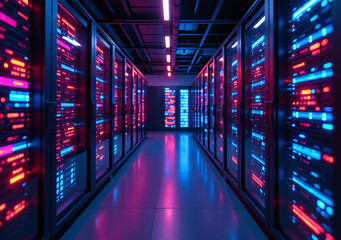 Fototapeta premium high tech server center features vibrant neon lights detailed