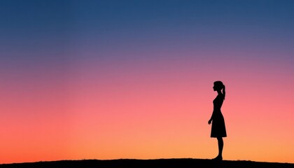 Fototapeta premium Silhouette of woman standing alone against vibrant gradient sunset sky. Stands on grassy hill. Scene evokes feelings of loneliness, distance. Image used to represent emotional separation journey. Art