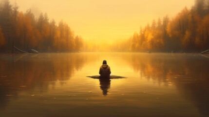 Solitary Figure on Calm Autumn Lake at Dawn