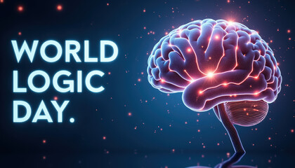 World Logic Day Banner: Glowing Brain on Dark Blue Background"