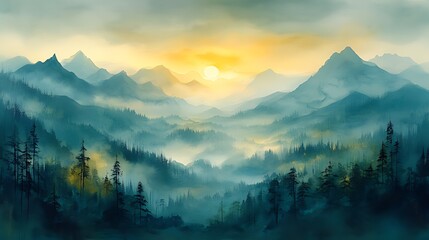 Obraz premium Misty mountain sunrise landscape painting.