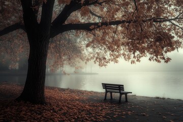 A serene scene with a wooden bench sitting under a tree's shade, overlooking a peaceful pond