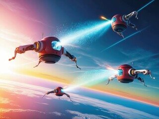 Obraz premium Futuristic robots working high above Earth, utilizing advanced technology to manipulate their environment during a stunning sunrise