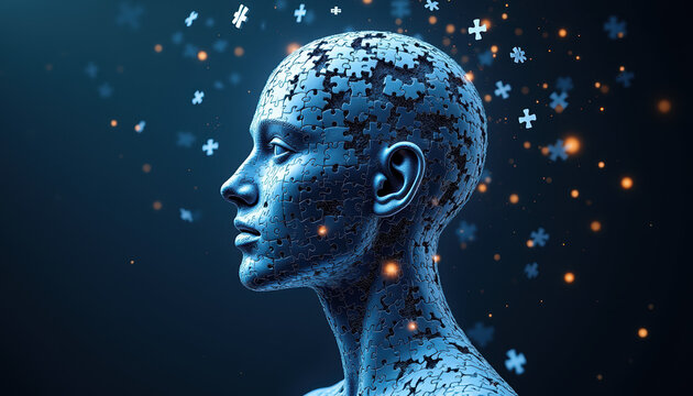 Deep blue banner celebrating World Logic Day with a digital illustration of a brain and brain puzzles, stimulating creativity and critical thinking. - Powered by Adobe