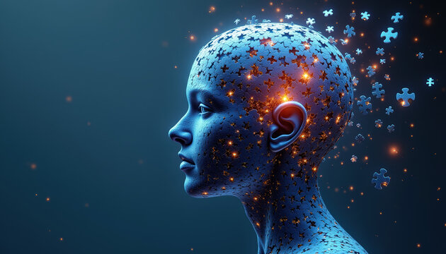 Teal blue banner for World Logic Day featuring an abstract representation of a brain with visual puzzles, aimed at promoting creative exploration and innovative thinking.