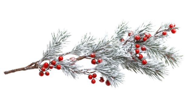 Snow-covered tree branch with red berries, transparent background