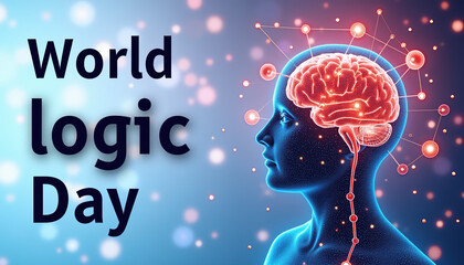 Creative banner for World Logic Day showcasing a vibrant brain illustration with cognitive themes in light blue.