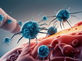 Nanobots actively engaging with biological structures in a futuristic setting showcasing advanced technology integration