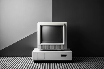 Retro Computer CRT Monitor Minimalist Art - Two-Tone Old Computer Design