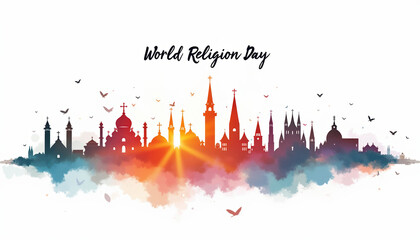Inspiring watercolor banner for World Religion Day showcasing a sunset skyline in soft pink tones, celebrating faith and cultural unity.