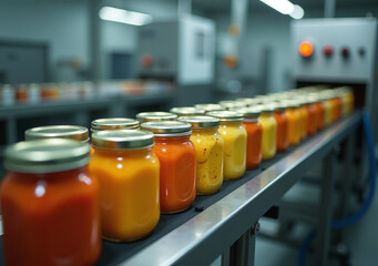 jars processed packaged quickly industrial food production line blurred vision high noise
