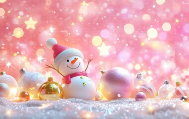 Obraz premium A whimsical holiday scene with pastel-colored baubles, cartoonish snowmen, and glowing stars on a bright pink background