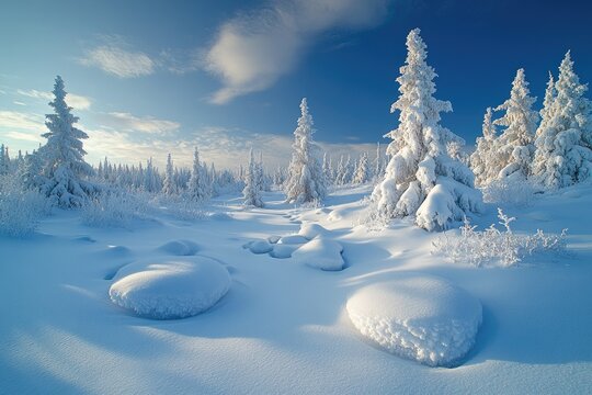A serene winter scene featuring a snow-covered field, trees, and rocks