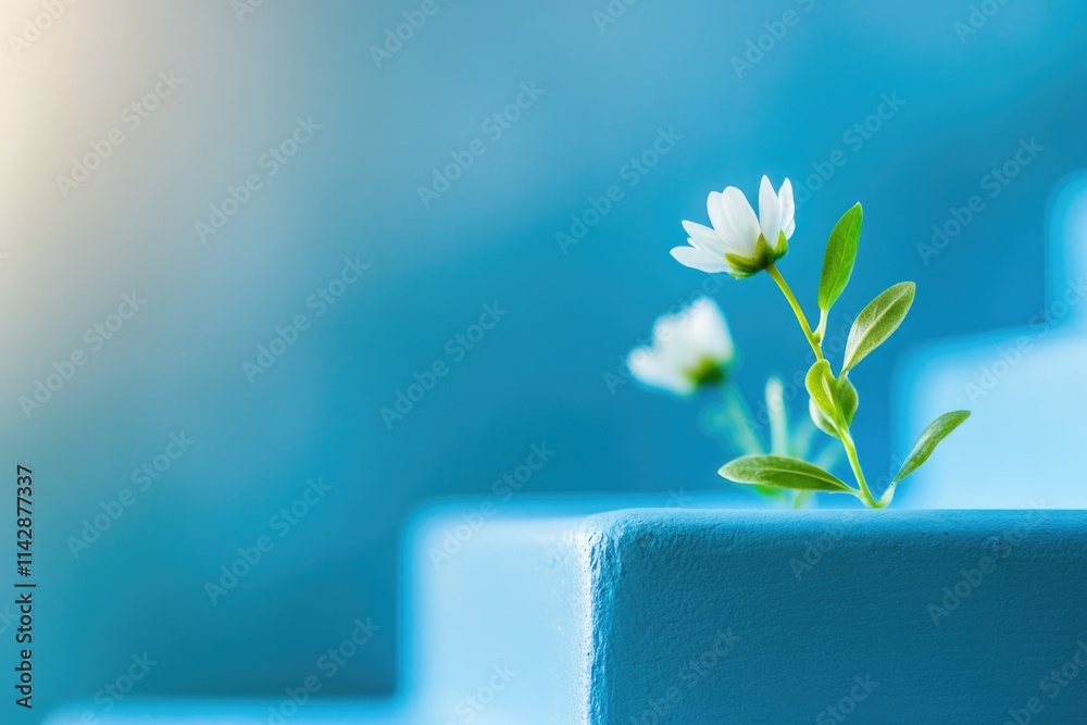 Poster a small white flower sits alone in a blue vase, perfect for use as a decorative element or symbolizi