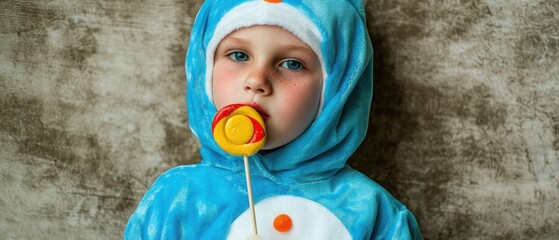 Fototapeta premium Adorable Toddler in Blue Costume Enjoying a Sweet Lollipop