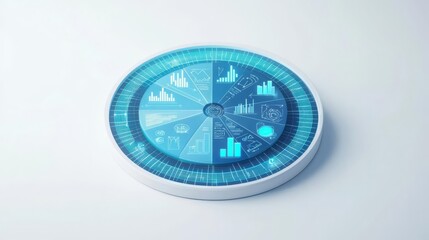Futuristic data visualization tool with graphs and statistics in a round interface.