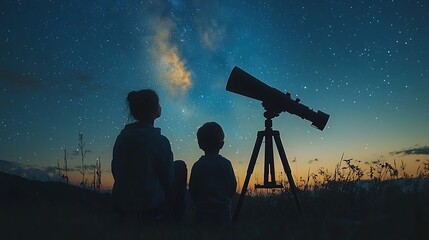 Parents and kids stargazing together in their backyard, with a telescope under a clear night sky 