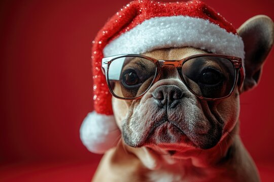 A playful dog wearing glasses and a Santa hat, perfect for holiday-themed images or humorously captioned social media posts