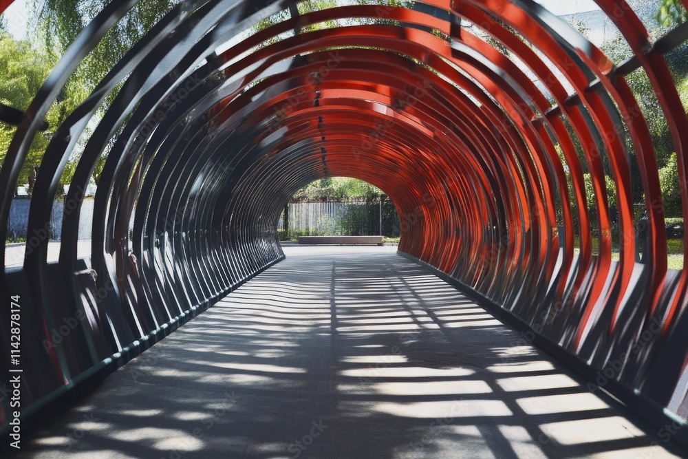 Poster A walkway with a distinctive red tunnel on one side, suitable for use in architectural or infrastructure contexts
