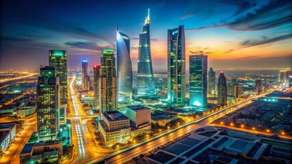 Fototapeta premium Riyadh King Abdullah Financial District Night Photography, Low Light Skyscrapers, Saudi Arabia Cityscape, Modern Architecture, Illuminated Buildings