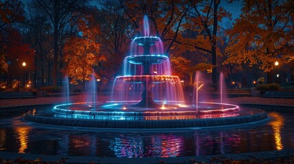 A vibrant fountain illuminated by colorful lights amidst autumn foliage at dusk.