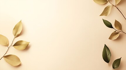 Golden and Green Leaves on Beige Background