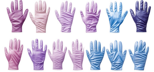 a collection of 12 colorful latex gloves arranged in two rows on a transparent background the gloves are in various shades of pink. purple. and blue