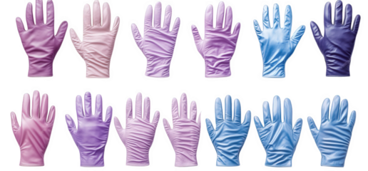 a collection of 12 colorful latex gloves arranged in two rows on a transparent background the gloves are in various shades of pink. purple. and blue