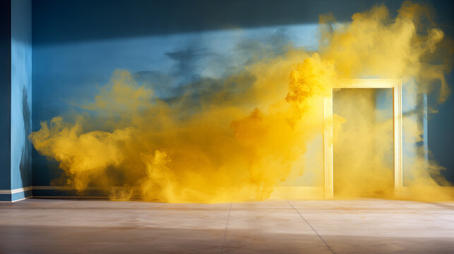 Room with yellow smoke and a door. The door is open. The room is blue
