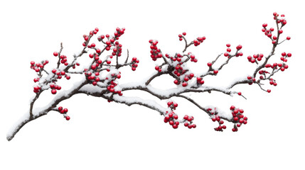 Naklejka premium Snow-covered tree branch with red berries, transparent background