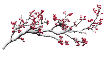 Snow-covered tree branch with red berries, transparent background