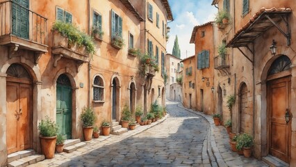 Narrow cobblestone alley in an old Italian town with pastel buildings and glimpses of terracotta rooftops above