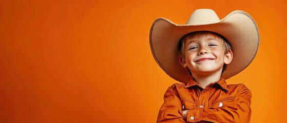 Happy smiling boy wearing a cowboy hat on orange background
