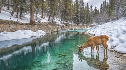 Naklejka premium Deer Drinking from Clear River in National Park