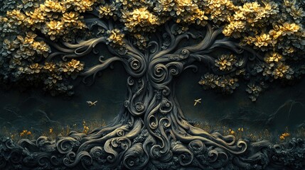 A large tree with a bird flying in front of it, great for nature and outdoor scenes