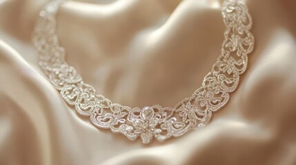 luxury silver necklace glistens under soft lighting, detailed with intricate patterns, resting against a silk backdrop, evoking elegance and sophistication