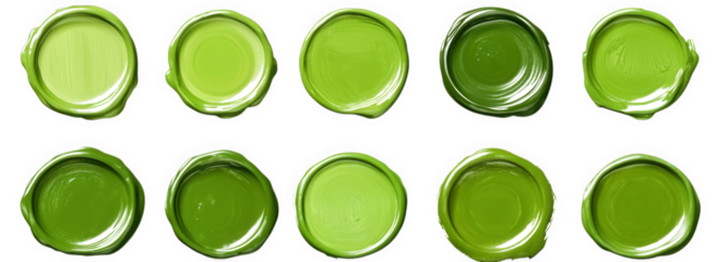 ten round. green wax seals on a transparent background the seals are arranged in two rows of five the seals are all the same size and shape. but they have different shades of green
