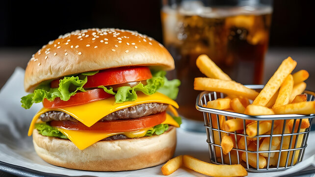 A burger with lettuce and tomato on top of a bun, a basket of french fries, and a glass of soda