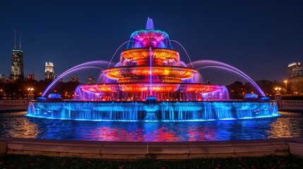 Obraz premium A vibrant illuminated fountain at night, showcasing colorful water displays.