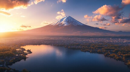 Stunning sunrise over Mount Fuji with a calm lake reflecting the golden hues of the sky.