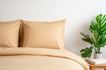 Baby Sleep Day. Simple and cozy bedroom setting with soft cream bedding and a bright pillow.