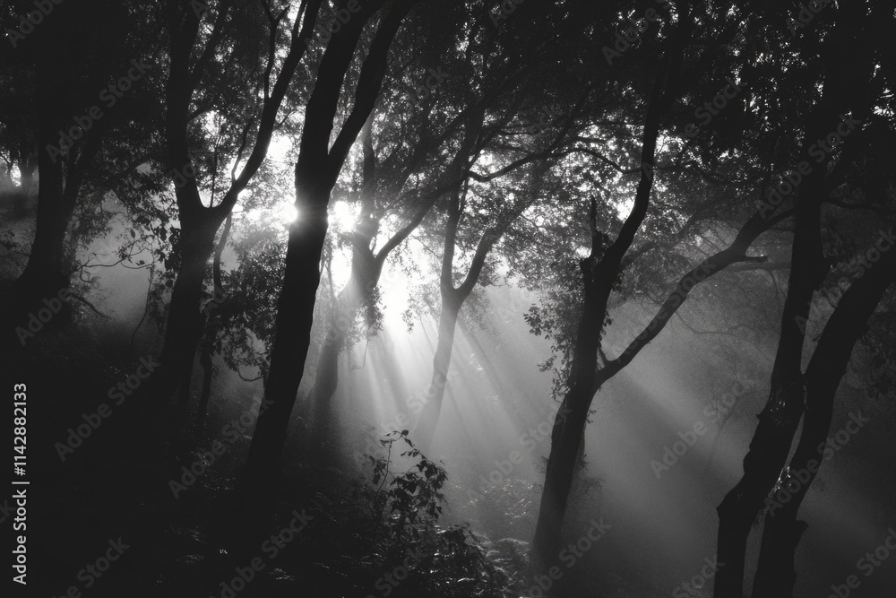 Poster A serene scene of sunlight filtering through the trees in a dense forest, perfect for use as a background or mood setter