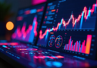 neon charts graphs bright colors dark background display vibrant dynamic