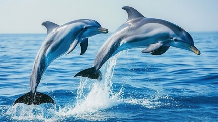 Fototapeta premium majestic dolphins leaping joyfully out of cerulean waves, sunlight cascading over their sleek bodies, symbolizing freedom and the wonders of marine life in a stunning ocean backdrop