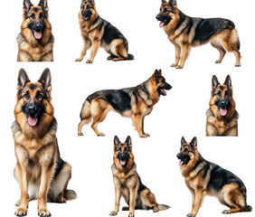 a collection of seven photographs showcasing a german shepherd dog in various poses. including sitting. standing. and looking directly at the camera the dog is isolated against a transparent backgroun