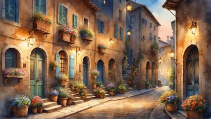 Fototapeta premium Watercolor painting of a charming Italian alley with flower baskets hanging from windows and warm streetlight glow in the evening