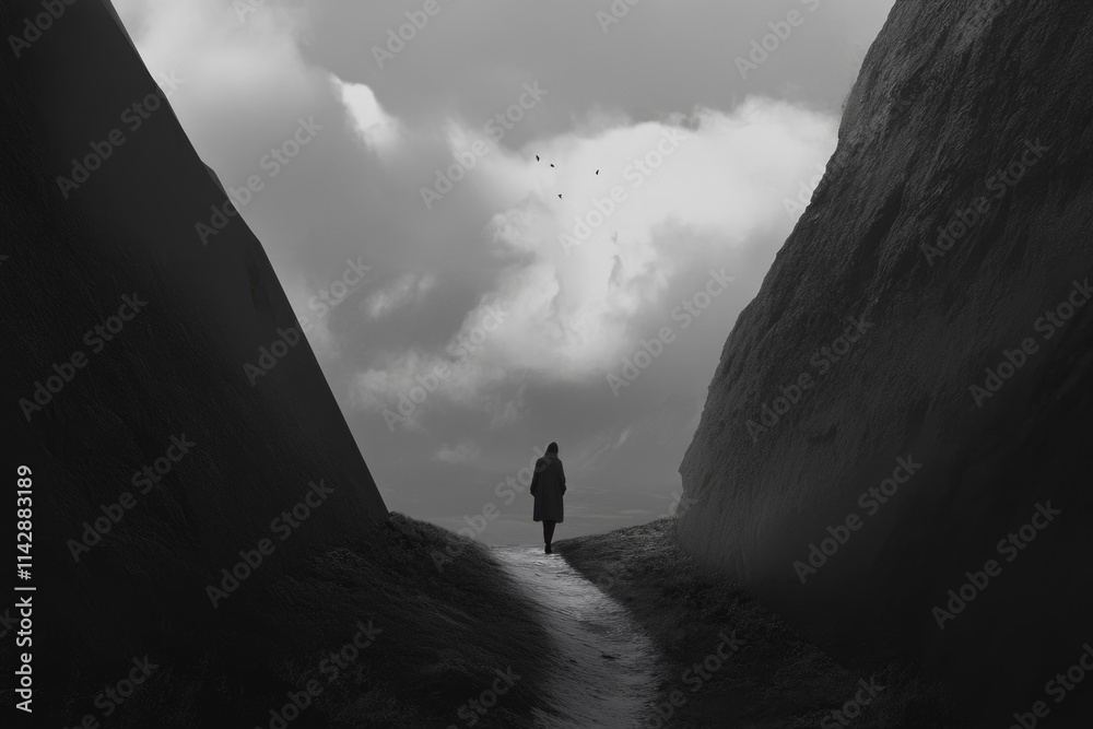 Poster a person walking down a narrow path with dense foliage and unknown destination