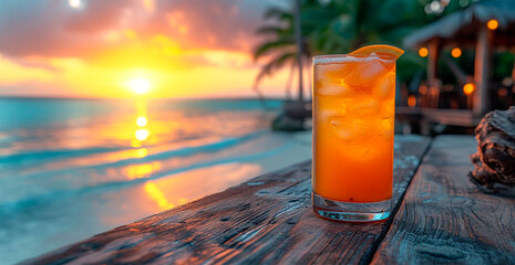 Glass of orange juice on the beach sea, ocean, palm trees, tourism - AI generated image
