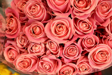 Beautiful bouquet of fresh roses, top view. Floral decor